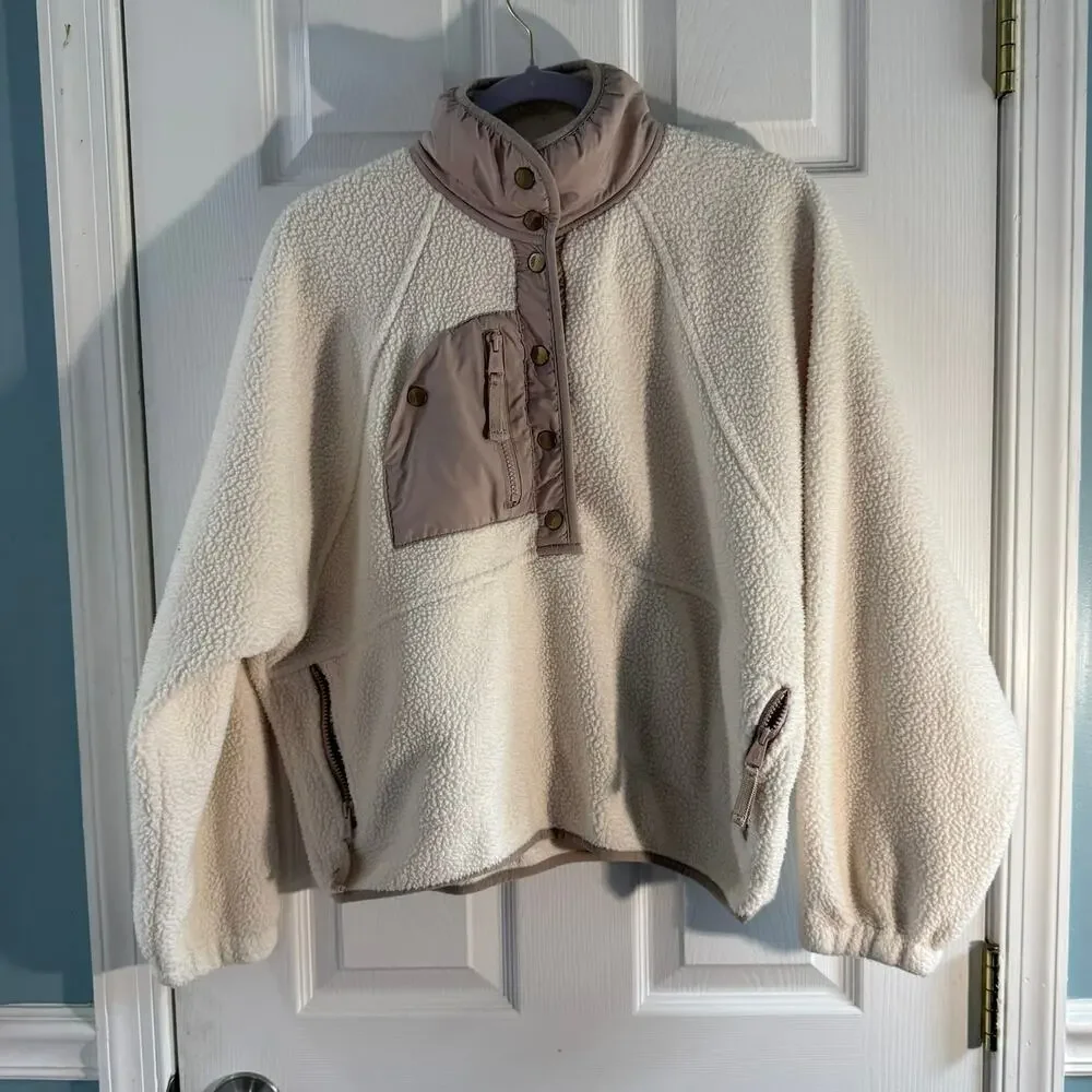 Free People Movement Womens S Cream Sherpa Fleece Snap Pullover Jacket